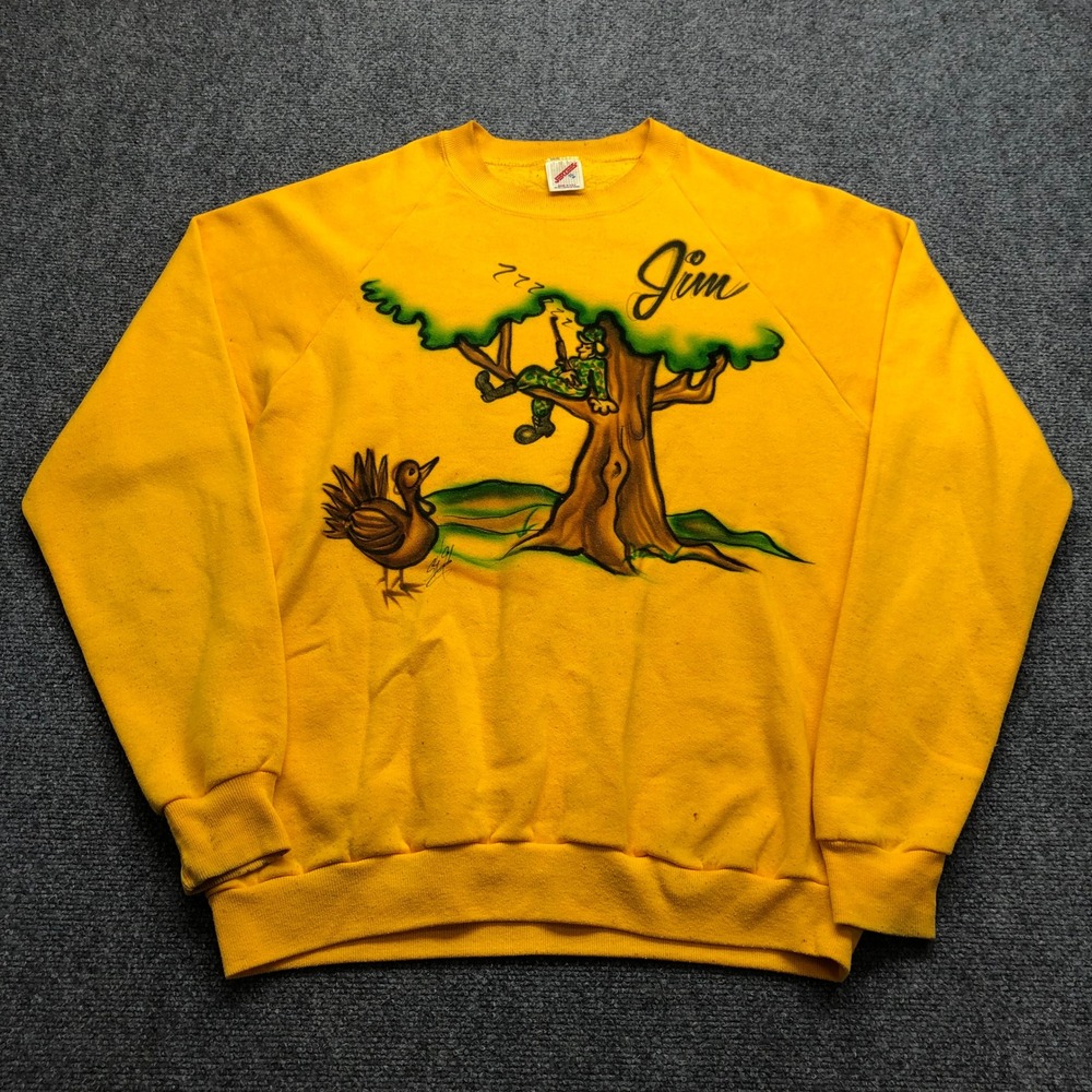 Vintage Jerzees Airbrush Hunter Turkey Sweatshirt Yellow Mens XL Jim Made in USA